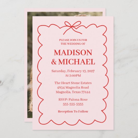Retro Valentine Wedding Photo Red Pink 招待状 (正面/裏面)