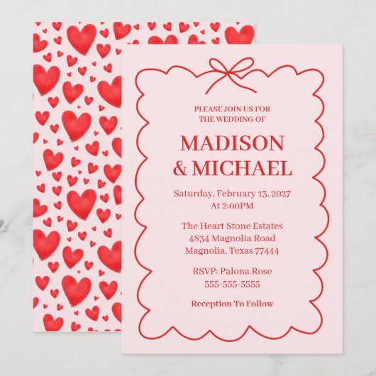 Retro Valentine Wedding Red Pink 招待状 (正面/裏面)