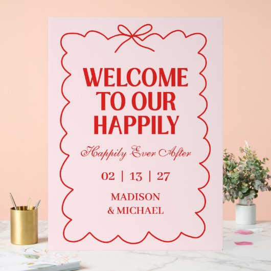 Retro Valentine Welcome Wedding Red Pink アクリルサイン (ウェディング)