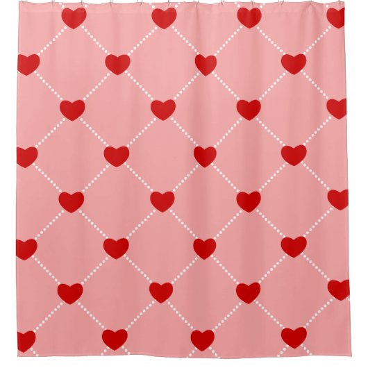 retro valentines dots hearts pink red シャワーカーテン (正面)