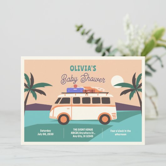 Retro van baby shower  招待状 (スタンド正面)