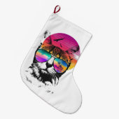 Retro Vaporwave Sunset Cat – 80s Synthwave  ラージクリスマスストッキング (正面 (吊り時))