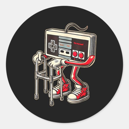 Retro Video Game Controller With Walker Funny Game ラウンドシール (正面)