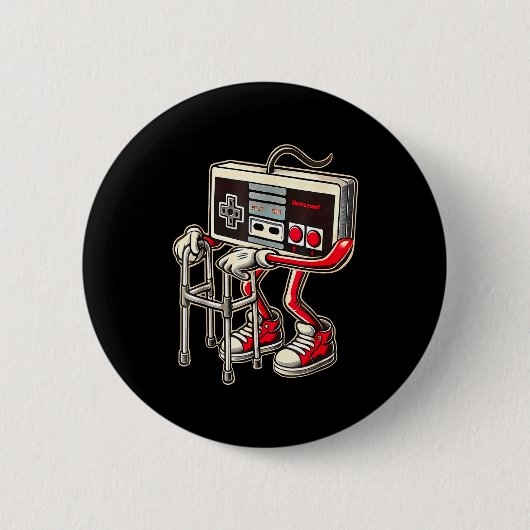 Retro Video Game Controller With Walker Funny Game 缶バッジ (正面)