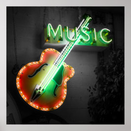 Retro Vintage Bass Guitar Music Neon Sign in Green ポスター