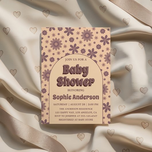 Retro Vintage Boho Daisy 70s Baby Shower  招待状