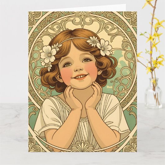 retro vintage child with flowers カード (黄色い花)