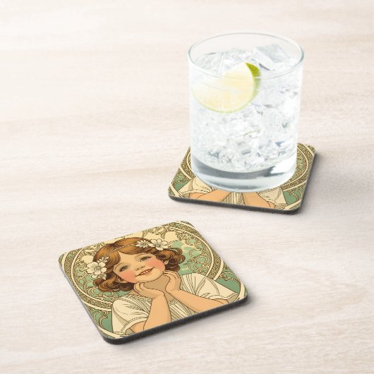 retro vintage child with flowers コースター (右側)