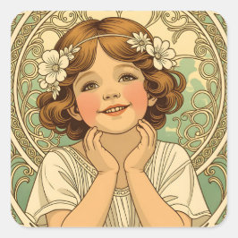 retro vintage child with flowers スクエアシール