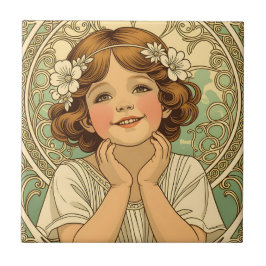 retro vintage child with flowers タイル