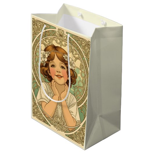 retro vintage child with flowers ミディアムペーパーバッグ (裏面アングル)