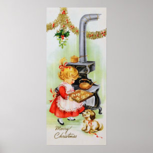 Retro vintage Christmas baking girl poster ポスター