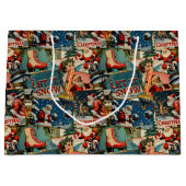 Retro Vintage Christmas Cards Collage ラージペーパーバッグ (正面)