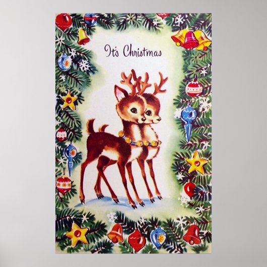 Retro vintage Christmas reindeer Holiday poster ポスター (正面)