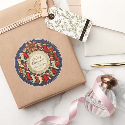 Retro Vintage Christmas Stockings Blue ラウンドシール (ギフト)