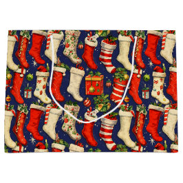 Retro Vintage Christmas Stockings Blue ラージペーパーバッグ