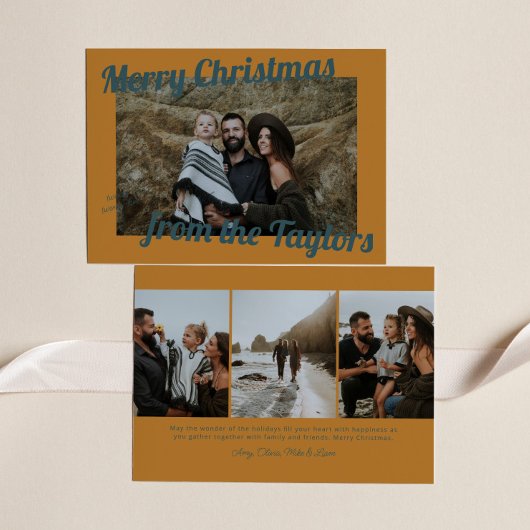 Retro Vintage Golden & Blue Photo Christmas シーズンカード