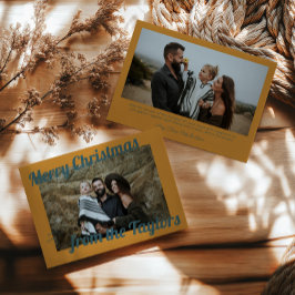Retro Vintage Golden & Blue Photo Christmas シーズンカード