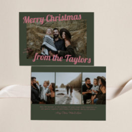 Retro Vintage Green & Pink Photo Christmas シーズンカード