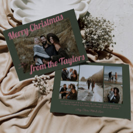 Retro Vintage Green & Pink Photo Christmas シーズンカード