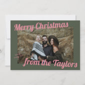 Retro Vintage Green & Pink Photo Christmas シーズンカード (正面)