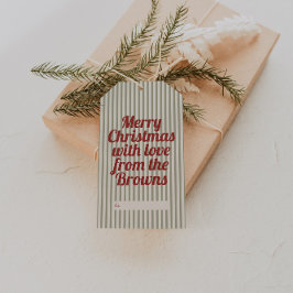 Retro Vintage Green Stripes Red Merry Christmas ギフトタグ