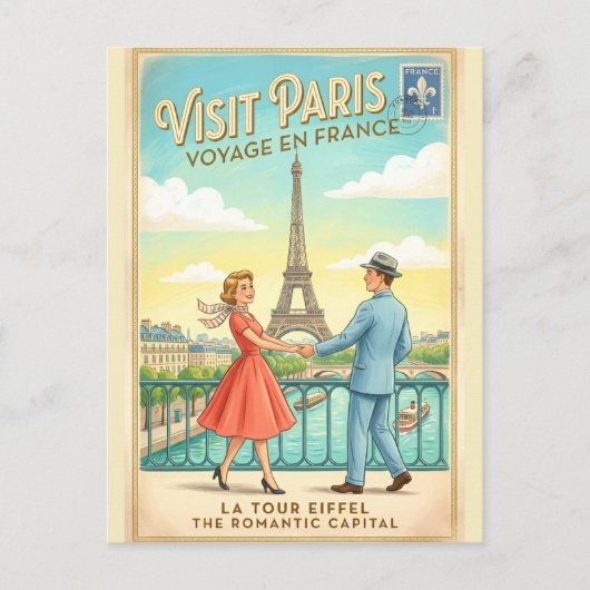 Retro Vintage Paris Eiffel Tower France Postcard ポストカード (正面)