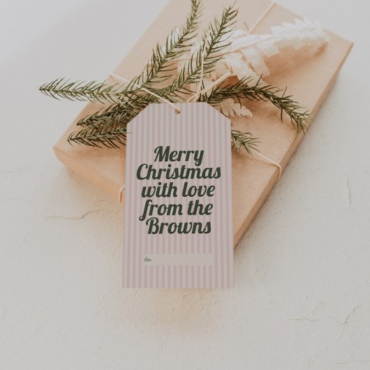 Retro Vintage Pink Stripes Green Merry Christmas ギフトタグ