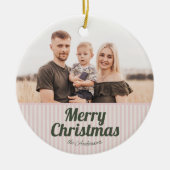 Retro Vintage Pink Stripes Green Merry Christmas セラミックオーナメント (正面)