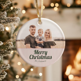 Retro Vintage Pink Stripes Green Merry Christmas セラミックオーナメント