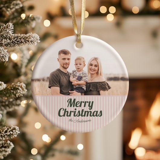 Retro Vintage Pink Stripes Green Merry Christmas セラミックオーナメント