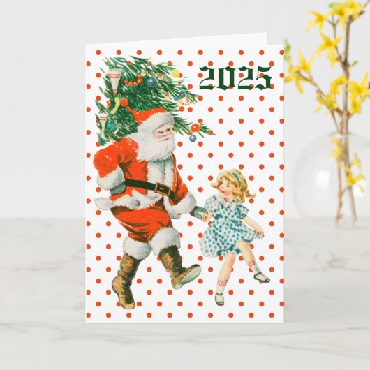 Retro Vintage Santa & Girl Christmas  カード (黄色い花)