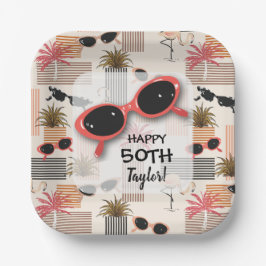 Retro Vintage Sunglasses Flamingos Palms ペーパープレート