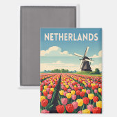 Retro Vintage Travel Netherlands Tulips Landscape マグネット (正面/裏面)