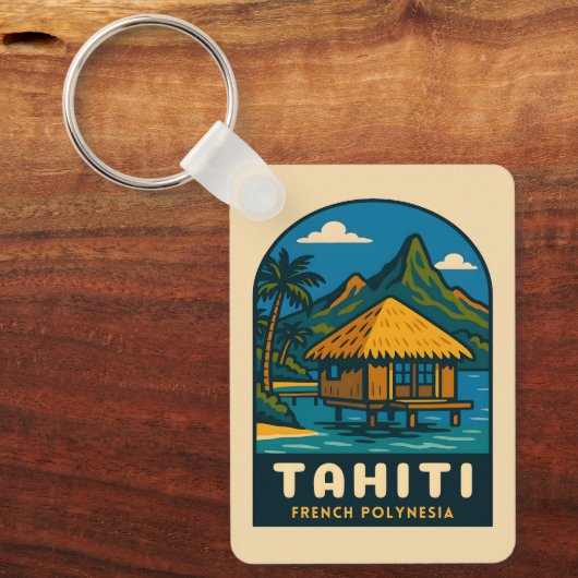 Retro Vintage Travel Tahiti French Polynesia Beach キーホルダー (正面)