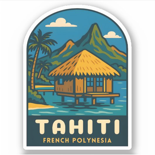 Retro Vintage Travel Tahiti French Polynesia Beach シール (正面)