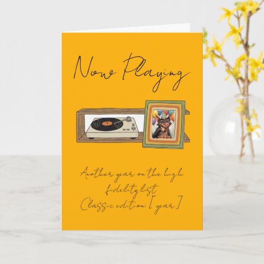 Retro Vinyl Record Player Photo Personalized カード (黄色い花)