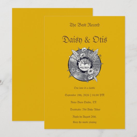 Retro Vinyl Record Wedding Invitation 70s Boho 招待状 (正面/裏面)