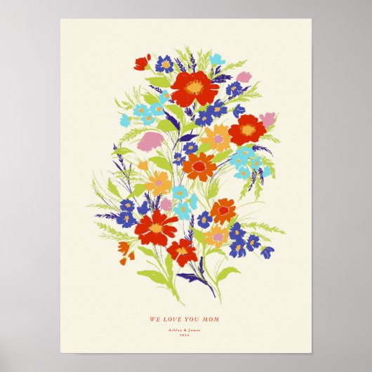 Retro Wallpaper Wildflower Art Print with Text ポスター (正面)