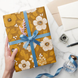Retro Warm Tone Flower Mustard Floral Pattern ラッピングペーパー