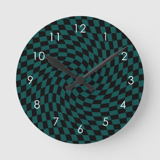 Retro Warped Green Black Checks Checkered ラウンド壁時計 (正面)