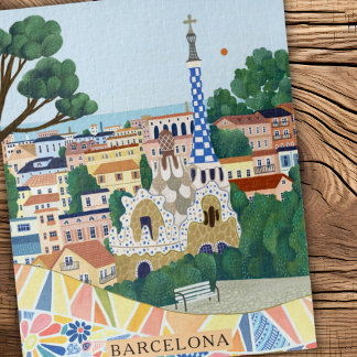 Retro Watercolor Barcelona Spain Travel  ジグソーパズル