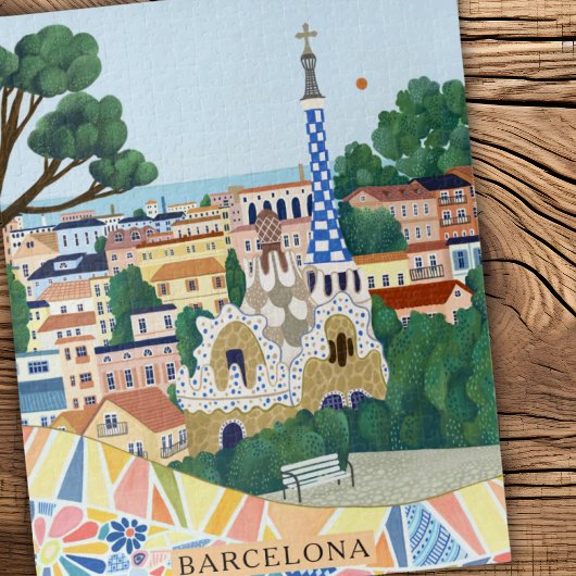 Retro Watercolor Barcelona Spain Travel ジグソーパズル