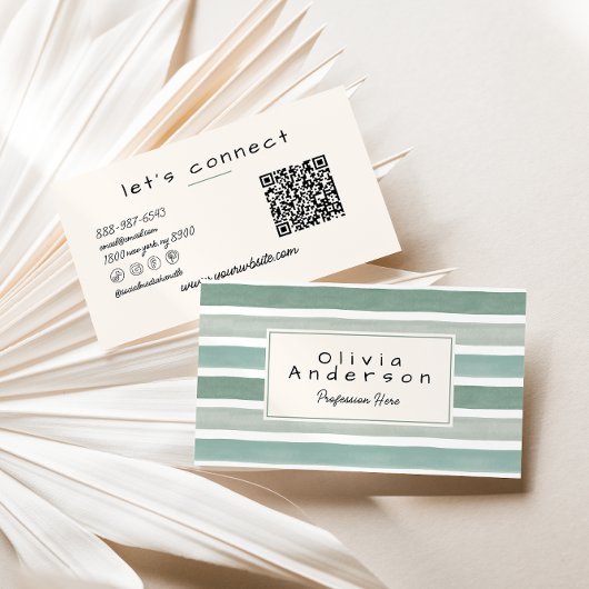 Retro Watercolor Green Stripes Neutral QR Code 名刺