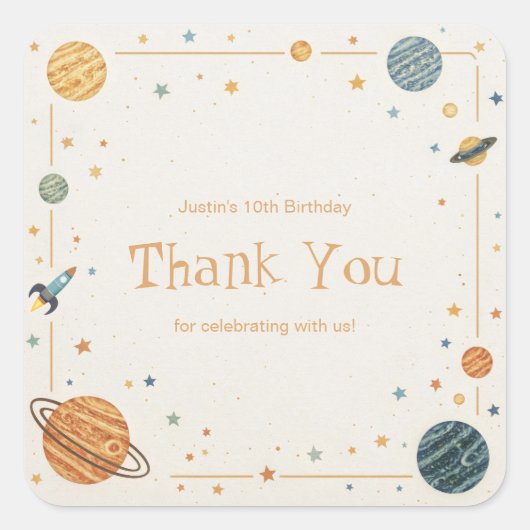 Retro Watercolor Planet Rocket Gold Frame スクエアシール (正面)