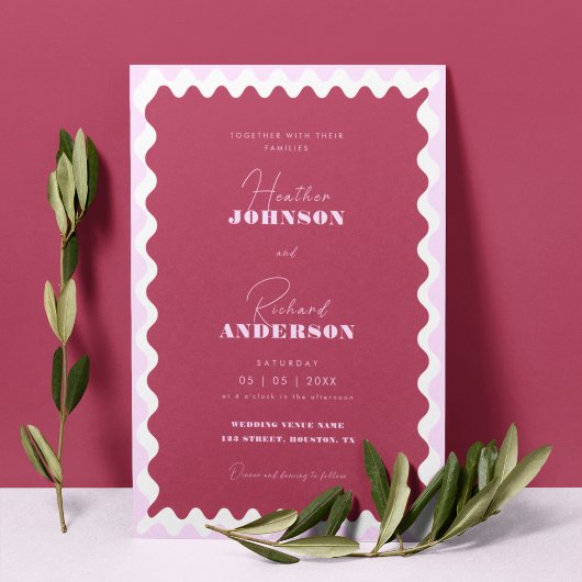 Retro Wave Magenta Pink Modern Script Bold Wedding 招待状
