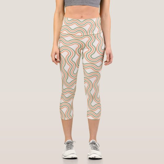 Retro Wavy Abstract Pattern Custom  カプリレギンス (正面)