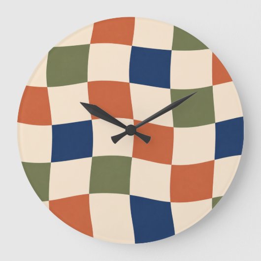 Retro Wavy Checkerboard 70s Aesthetic Clock ラージ壁時計 (正面)