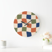 Retro Wavy Checkerboard 70s Aesthetic Clock ラージ壁時計 (ホーム)