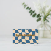 Retro Wavy Checkerboard Funky Blue Beige 名刺 (スタンド正面)